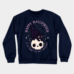 Happy halloween it is time to get spooky a cute cat on a skull Crewneck Sweatshirt